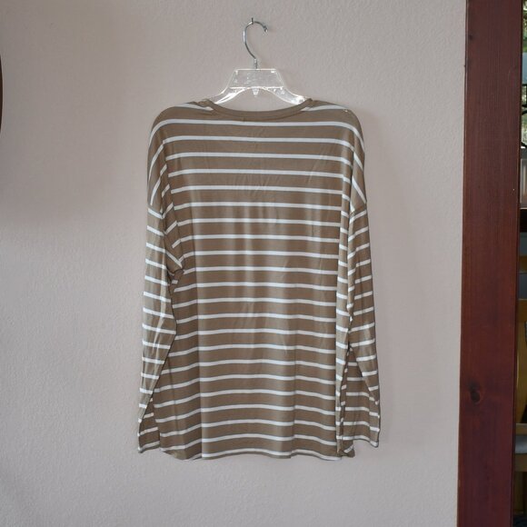 GAP Tan Striped Drop Shoulder LS Classic Crew Neck Curved Hem Soft Feel Top XL - Picture 4 of 4